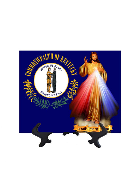 Kentucky Flag with Divine Mercy Jesus image in forefront on ceramic tile on stand
