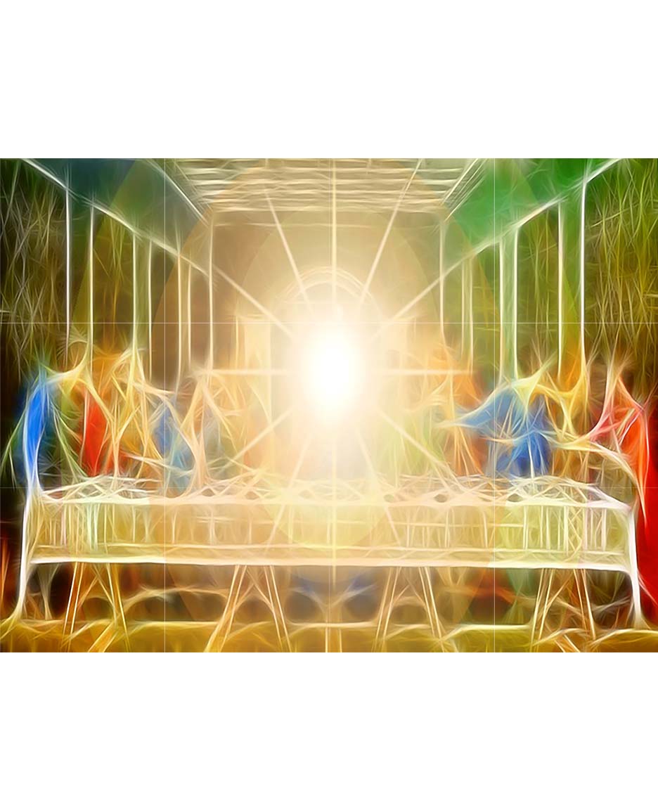 12  tile contemporary version of The Last Supper with bright colors and rays in the place of Jesus & the apostles