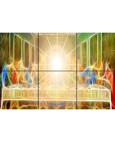 6  tile contemporary version of The Last Supper with bright colors and rays in the place of Jesus & the apostles