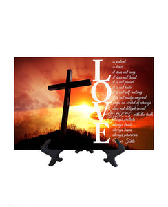 8x12 White text Love is patient bible quote with cross & sun's rays as backdrop on ceramic tile & stand