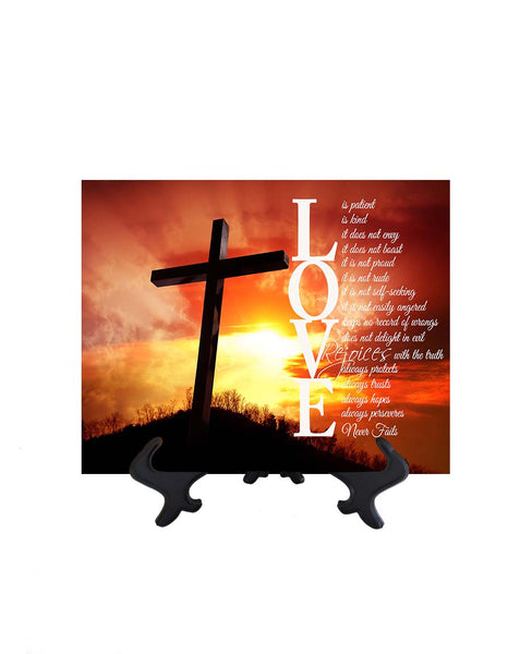 8x10 White text Love is patient bible quote with cross & sun's rays as backdrop on ceramic tile & stand