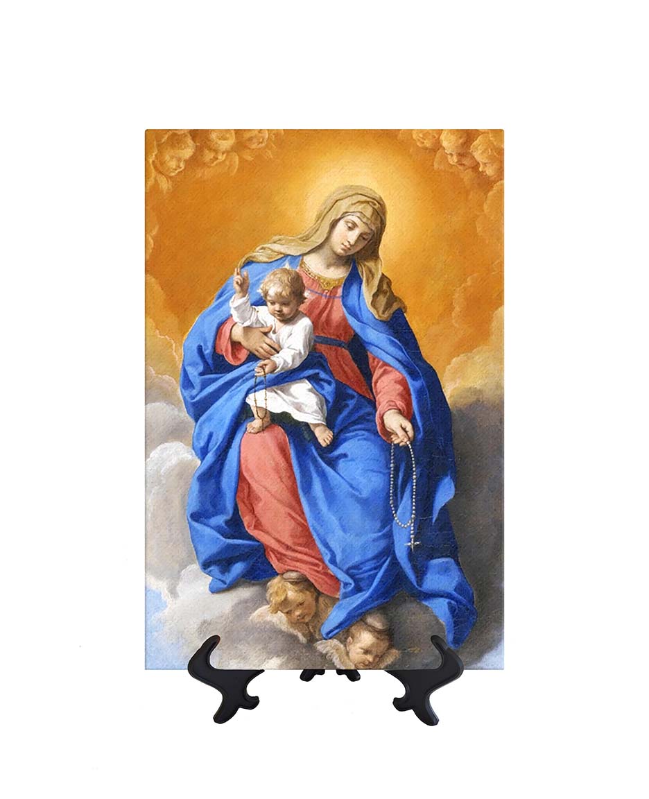8x12 Madonna of the Rosary holding the Christ Child with rosary in hand on stand & no background