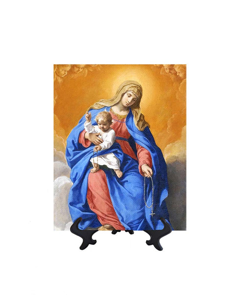 8x10 Madonna of the Rosary holding the Christ Child with rosary in hand on stand & no background
