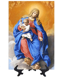 Main Madonna of the Rosary holding the Christ Child with rosary in hand on stand & no background