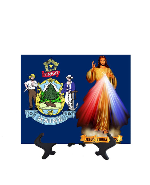 Maine Flag with Divine Mercy Jesus image in forefront on ceramic tile on stand