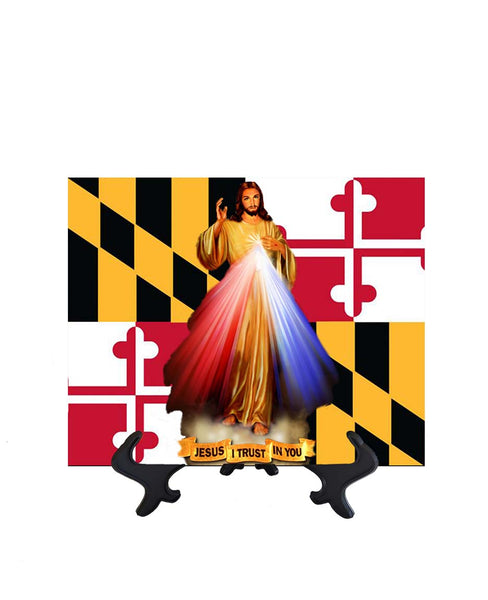 Maryland Flag with Divine Mercy Jesus image in forefront on ceramic tile on stand