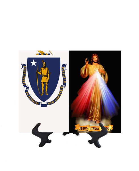 Massachusettes Flag with Divine Mercy Jesus image in forefront on ceramic tile on stand