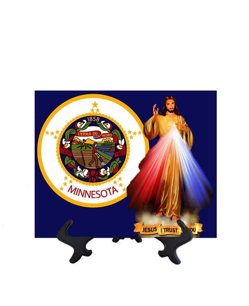 Minnesota Flag with Divine Mercy Jesus image in forefront on ceramic tile on stand