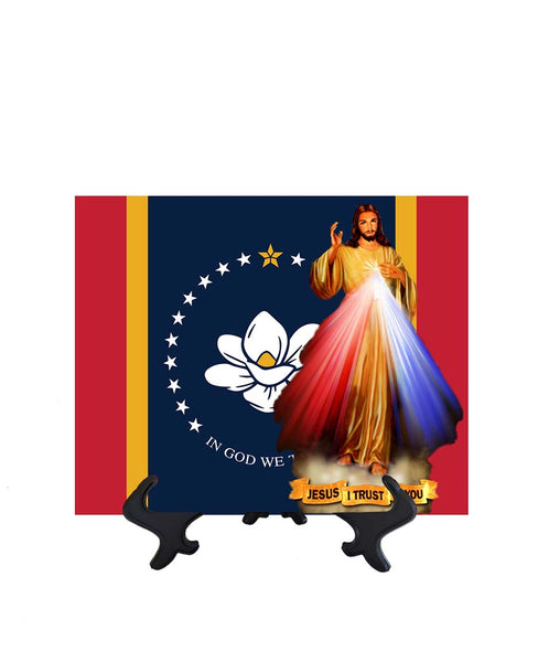 Mississippi Flag with Divine Mercy Jesus image in forefront on ceramic tile on stand