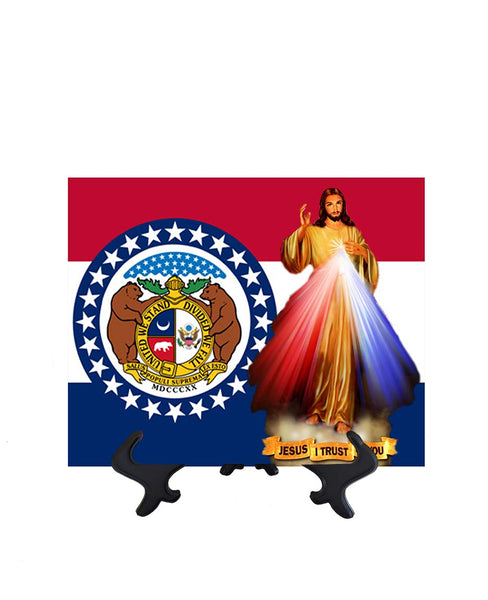 Missouri Flag with Divine Mercy Jesus image in forefront on ceramic tile on stand