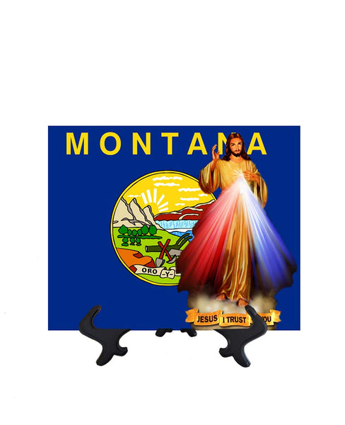 Montana Flag with Divine Mercy Jesus image in forefront on ceramic tile on stand