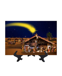 8x12 Nativity scene with star of Bethlehem overhead on ceramic tile & stand & no background