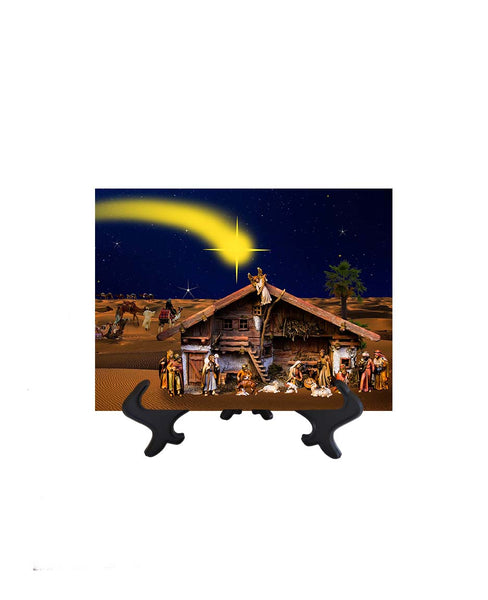 6x8 Nativity scene with star of Bethlehem overhead on ceramic tile & stand & no background