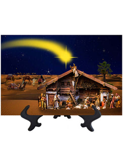 Main Nativity scene with star of Bethlehem overhead on ceramic tile & stand & no background