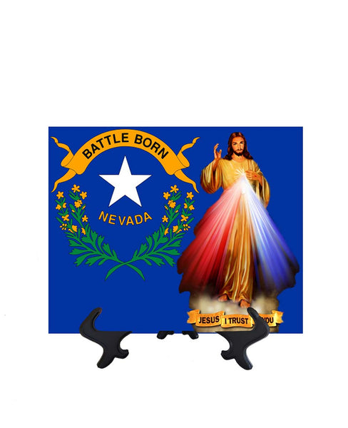 Nevada Flag with Divine Mercy Jesus image in forefront on ceramic tile on stand