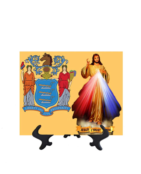 New Jersey Flag with Divine Mercy Jesus image in forefront on ceramic tile on stand