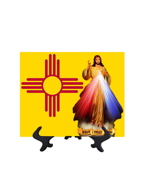 New Mexico Flag with Divine Mercy Jesus image in forefront on ceramic tile on stand