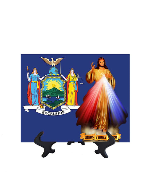 New York Flag with Divine Mercy Jesus image in forefront on ceramic tile on stand