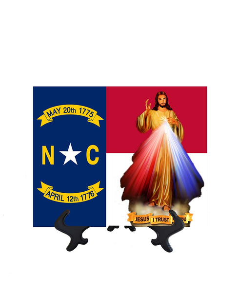 North Carolina Flag with Divine Mercy Jesus image in forefront on ceramic tile on stand