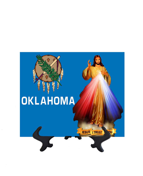 Oklahoma Flag with Divine Mercy Jesus image in forefront on ceramic tile on stand