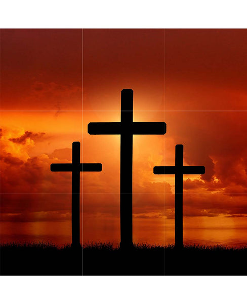 9 Tile wall mural with three crosses - Jesus and the two thieves and fiery orange sky as a backdrop