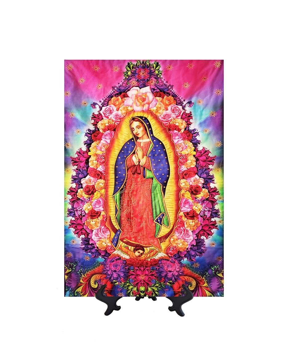 8x12 Our Lady of Guadalupe ceramic tile art on stand & no background