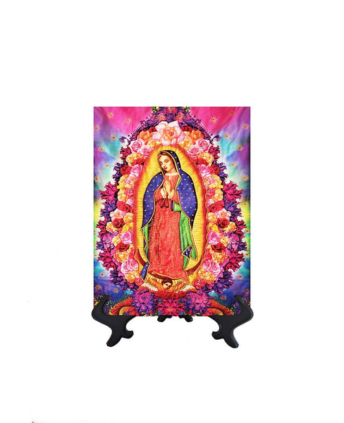 6x8 Our Lady of Guadalupe ceramic tile art on stand & no background