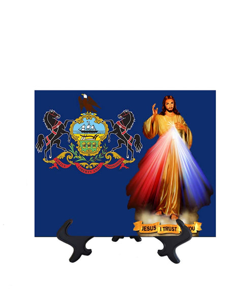 Pennsylvania Flag with Divine Mercy Jesus image in forefront on ceramic tile on stand