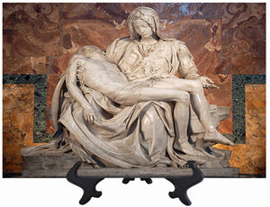 Main Photo of Michelangelo's Pieta statue on stand & no background