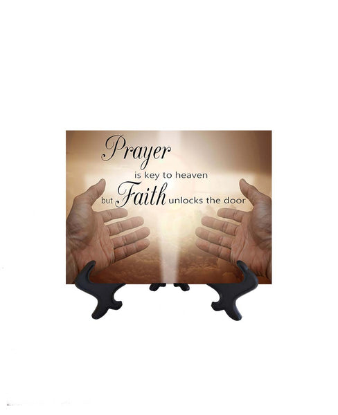 6x8 Prayer is key to heaven quote on ceramic tile & stand with hands in prayer & no background