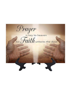 8x12 Prayer is key to heaven quote on ceramic tile & stand with hands in prayer & no background