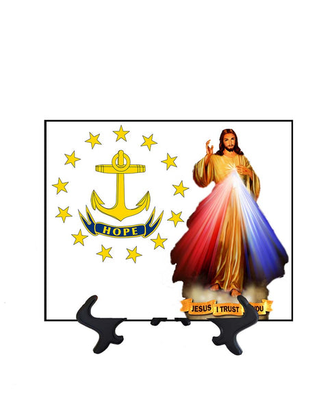 Rhode Island Flag with Divine Mercy Jesus image in forefront on ceramic tile on stand