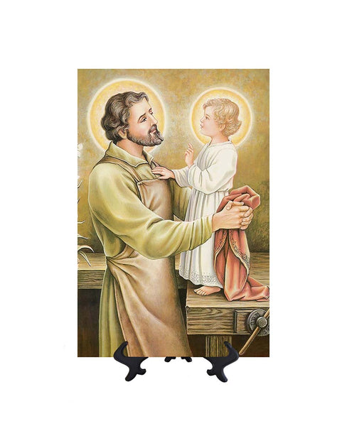 8x12 St. Joseph holding the Christ Child Jesus on ceramic tile and stand & no background