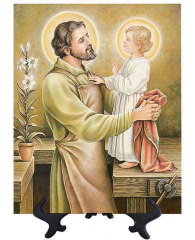 Main St. Joseph holding the Christ Child Jesus on ceramic tile and stand & no background