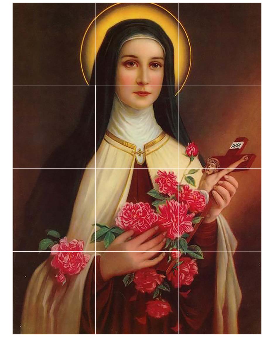 12 tile St Therese mural holding crucifix & flowers