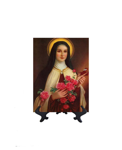 6x8 St. Therese Lisieux - the Little Flower holding a crucifix & bouquet of flowers on ceramic tile and stand & no background.
