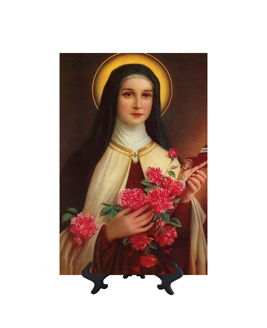 8x12 St. Therese Lisieux - the Little Flower holding a crucifix & bouquet of flowers on ceramic tile and stand & no background.
