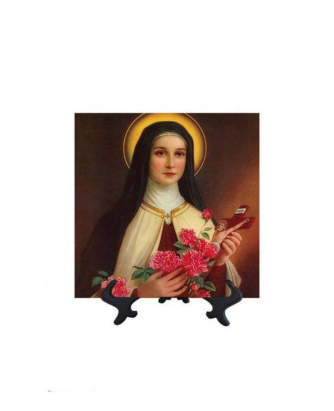 8x8 St. Therese Lisieux - the Little Flower holding a crucifix & bouquet of flowers on ceramic tile and stand & no background.