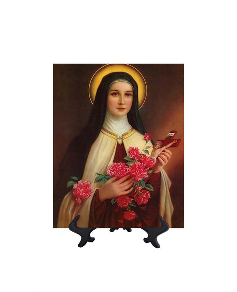 8x10 St. Therese Lisieux - the Little Flower holding a crucifix & bouquet of flowers on ceramic tile and stand & no background.