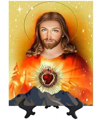 Sacred Heart of Jesus picture with mountain range backdrop on ceramic tile & stand with no background