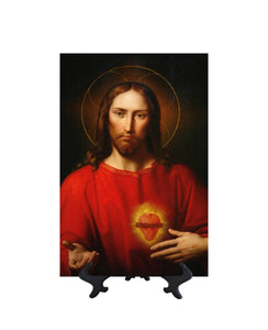 Sacred Heart of Jesus Portrait by Leopold Kupelwieser ceramic tile on stand & no background