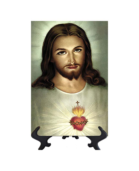 8x12 Sacred Heart of Jesus Painting on ceramic tile on stand & no background