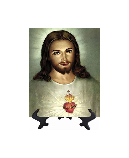 8x10 Sacred Heart of Jesus Painting on ceramic tile on stand & no background
