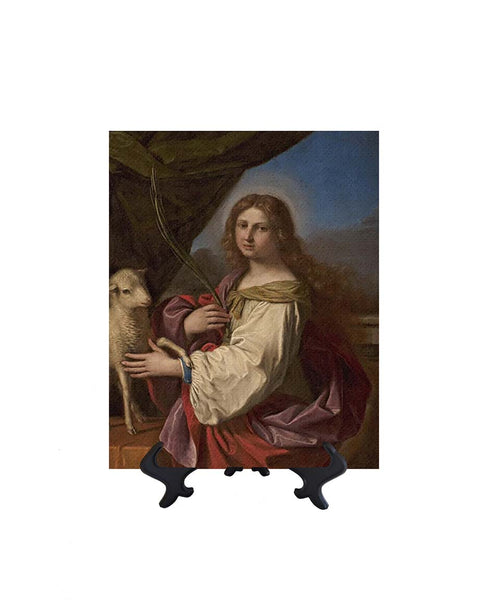 8x10 St. Agnes painting with lamb by Givanni Francesco Barbieri on ceramic tile with stand & no background