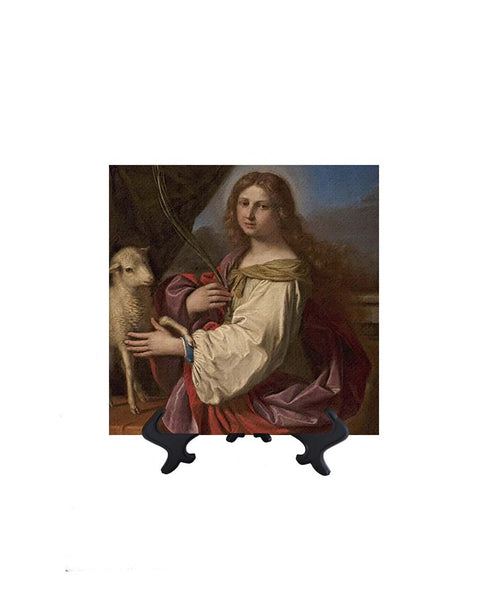 8x8 St. Agnes painting with lamb by Givanni Francesco Barbieri on ceramic tile with stand & no background
