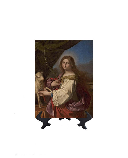 6x8 St. Agnes painting with lamb by Givanni Francesco Barbieri on ceramic tile with stand & no background