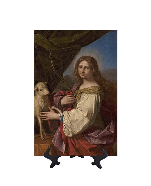 8x12 St. Agnes painting with lamb by Givanni Francesco Barbieri on ceramic tile with stand & no background