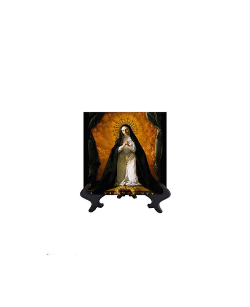4x4 St Margaret Mary Alacoque Contemplating the Sacred Heart of Jesus on ceramic tile & stand & no background
