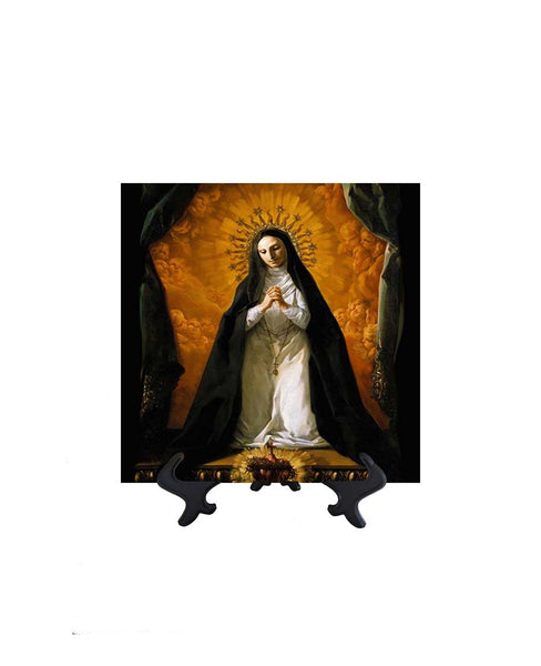 8x8 St Margaret Mary Alacoque Contemplating the Sacred Heart of Jesus on ceramic tile & stand & no background