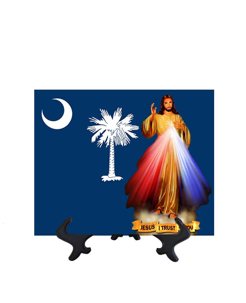 South Carolina Flag with Divine Mercy Jesus image in forefront on ceramic tile on stand